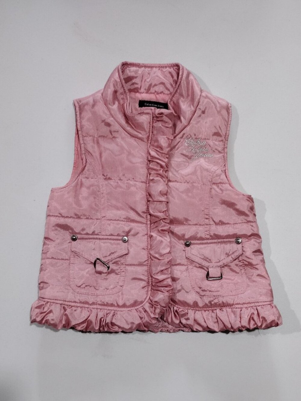 Calvin Klein Jeans Pink Quilted Ruffle Vest Sleeveless Puffer Zip Front 24Months